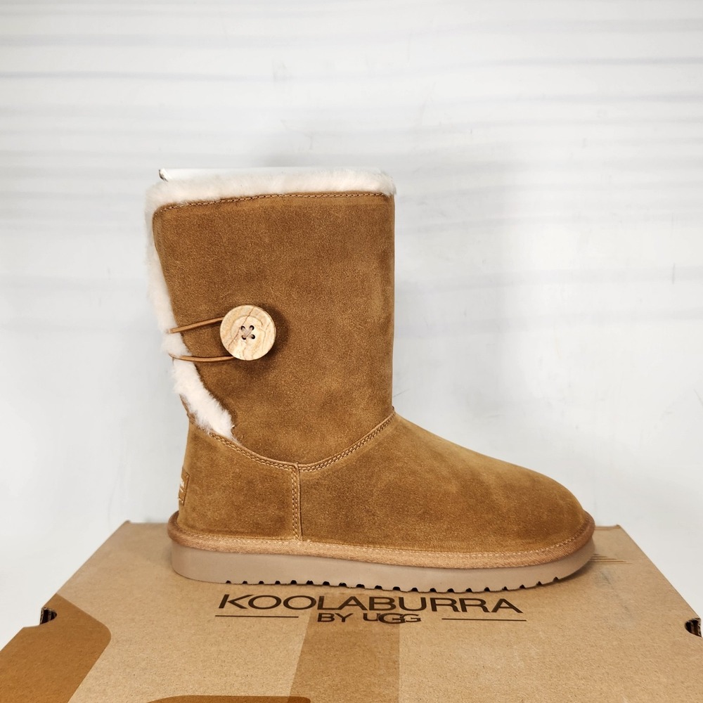 Koolaburra by UGG Nalie Short Boot Women Size 6 Chestnut Suede Faux Fur Button